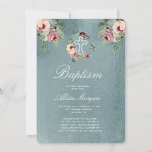 ocean blue marsala floral elegant baptism invitation