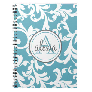 Ocean Blue Monogrammed Damask Print Spiral Notebook