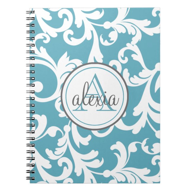 Ocean Blue Monogrammed Damask Print Spiral Notebook (Front)