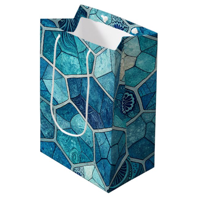 Ocean Blue Mosaic Pattern – Irregular Polygon Medium Gift Bag (Front Angled)