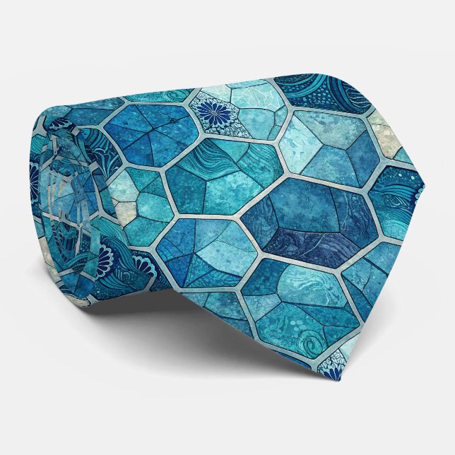 Ocean Blue Mosaic Pattern – Irregular Polygon Tie (Rolled)