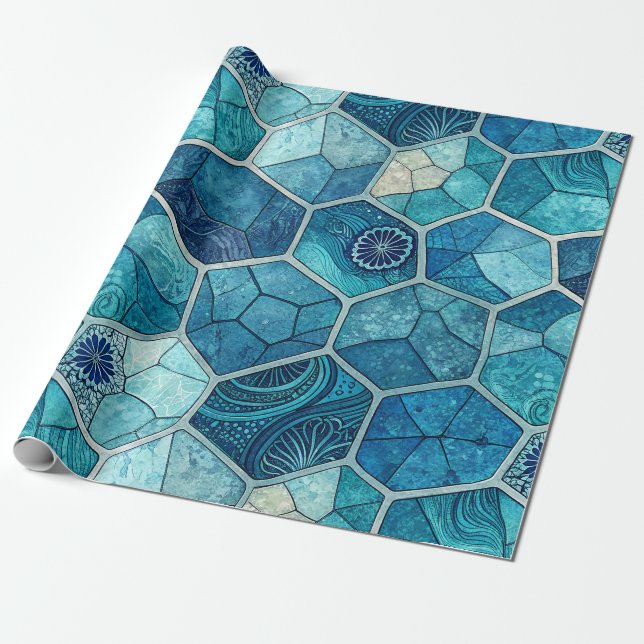 Ocean Blue Mosaic Pattern – Irregular Polygon Wrapping Paper (Unrolled)