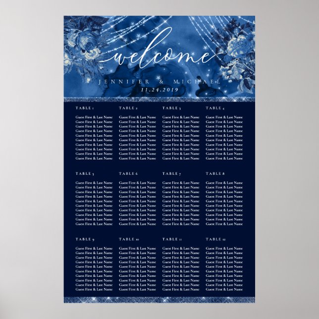 Ocean Blue Navy Floral Table Plan Seating Poster (Front)