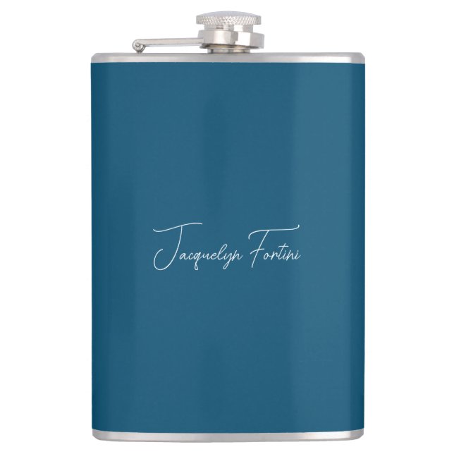 Ocean Blue Plain Elegant Minimalist Calligraphy Hip Flask (Front)
