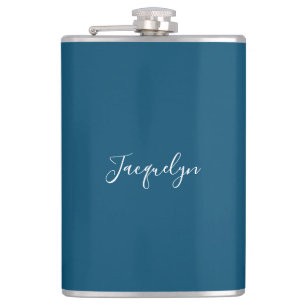 Ocean Blue Plain Elegant Modern Calligraphy Name Hip Flask