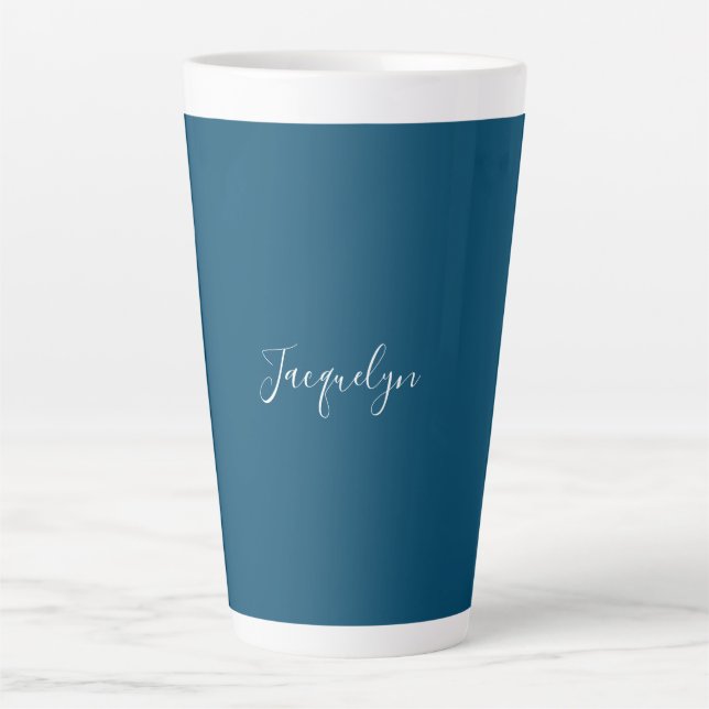 Ocean Blue Plain Elegant Modern Calligraphy Name Latte Mug (Front)