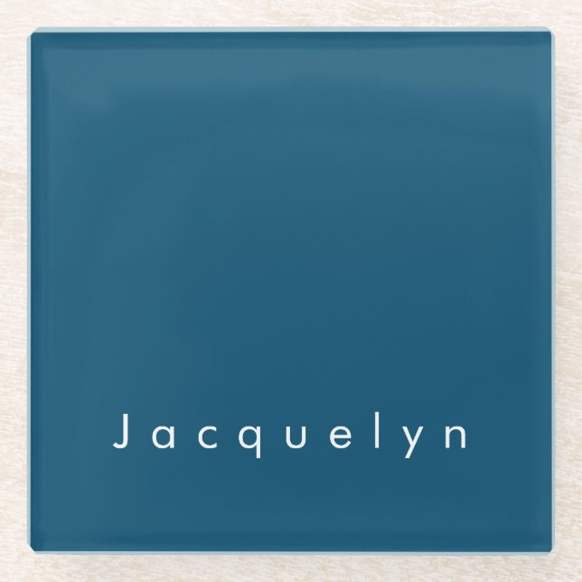Ocean Blue Plain Elegant Modern Minimalist Name Glass Coaster (Front)