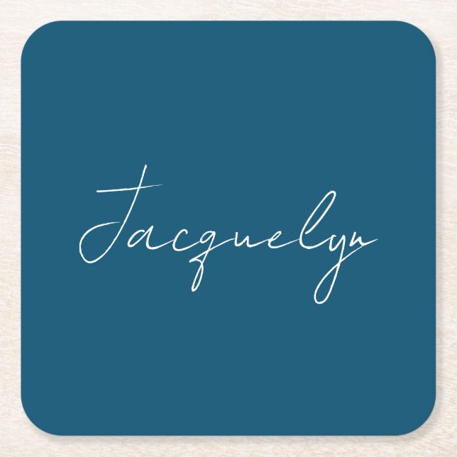 Ocean Blue Plain Elegant Modern Minimalist Name Square Paper Coaster (Front)