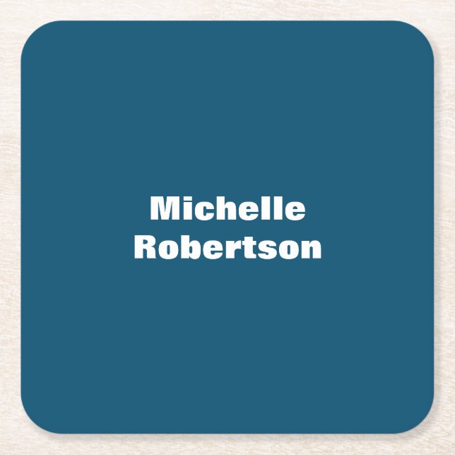 Ocean Blue Plain Minimalist Add Own Name Square Paper Coaster (Front)