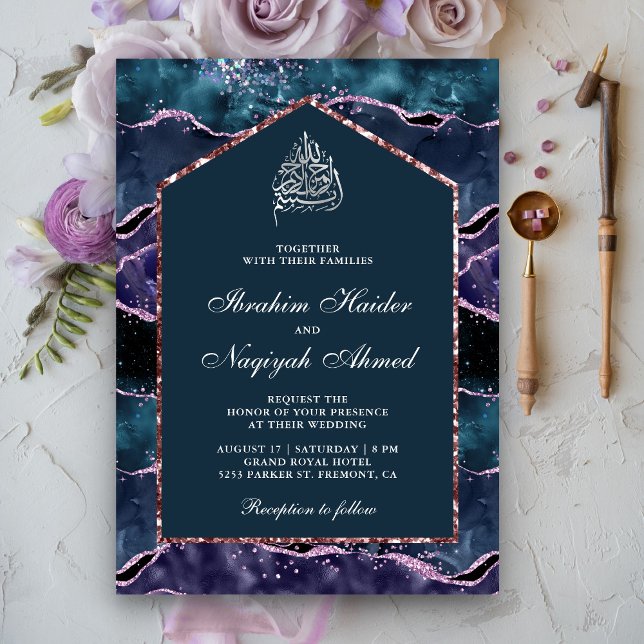 Ocean Blue Purple Agate Marble Arch Muslim Wedding Invitation (Creator Uploaded)