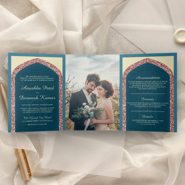 Ocean Blue Rose Gold Glitter Indian Wedding Tri-Fold Invitation (Creator Uploaded)