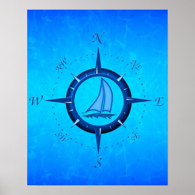 Ocean Blue Sailboat And Compass Rose Poster (Front)