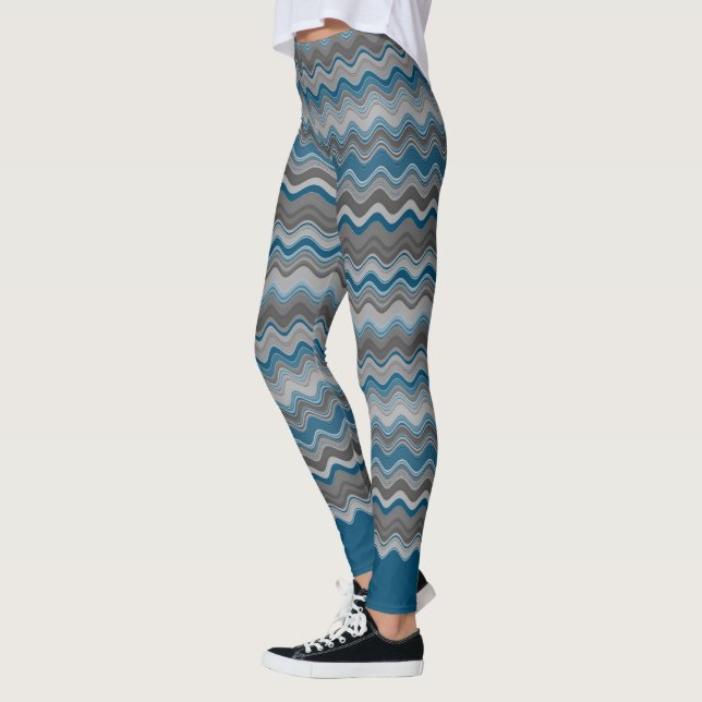 Ocean Blue Silver Grey Grey Wavy Pattern Leggings (Left)