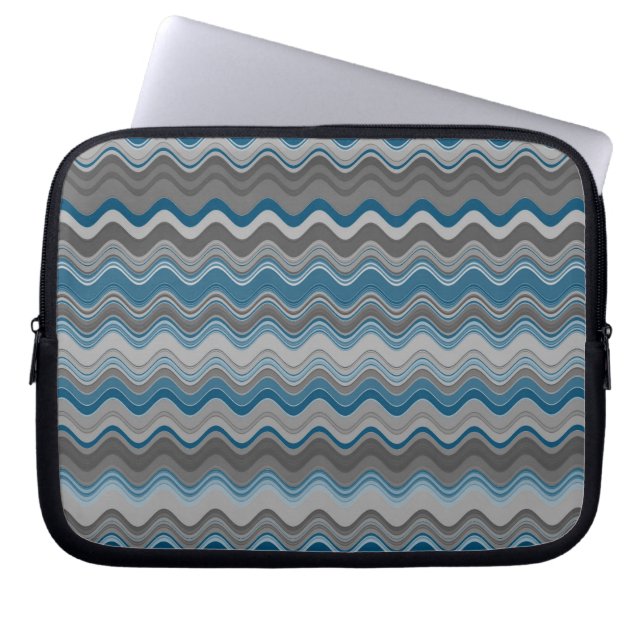 Ocean Blue Silver Grey Grey Wavy Zigzag Pattern Laptop Sleeve (Front)