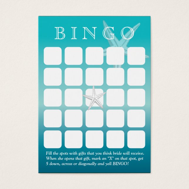 Ocean Blue Starfish 5x5 Bridal Shower Bingo Card (Front)