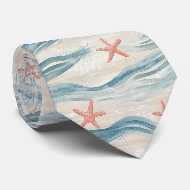 Ocean Blue Starfish Sandy Shore Watercolor Tie (Rolled)