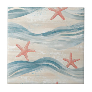 Ocean Blue Starfish Sandy Shore Watercolor Tile