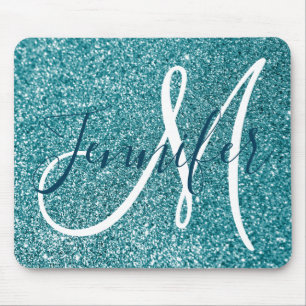 Ocean Blue Teal Faux Glitter Personalised Monogram Mouse Pad