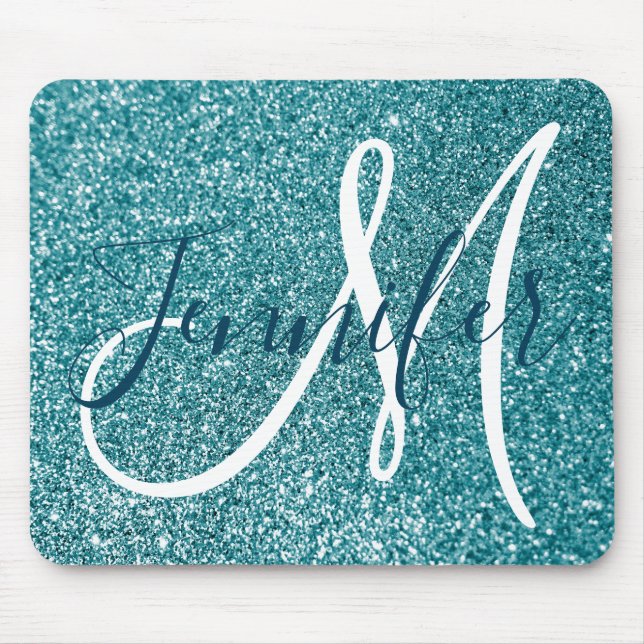 Ocean Blue Teal Faux Glitter Personalised Monogram Mouse Pad (Front)