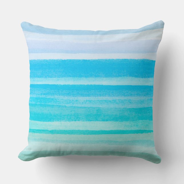 Ocean Blue Teal Watercolor Ombre Stripe Cushion (Front)