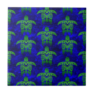 Ocean Blue Tribal Green Sea Turtles Tile