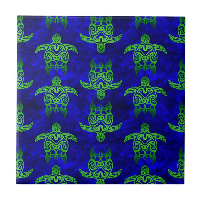 Ocean Blue Tribal Green Sea Turtles Tile (Front)