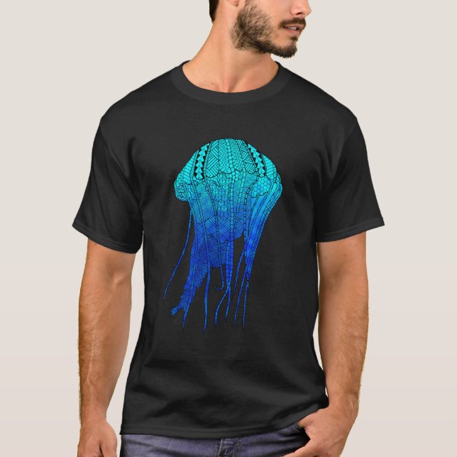 Ocean Blue Tribal Jellyfish T-Shirt (Front)