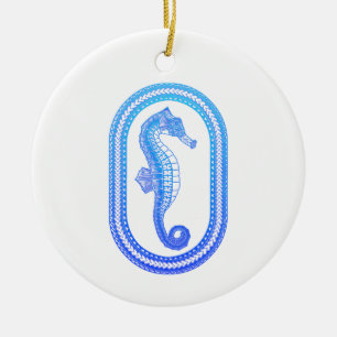 Ocean Blue Tribal Seahorse Ceramic Tree Decoration