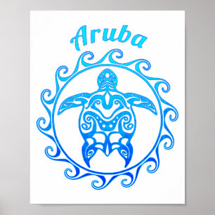 Ocean Blue Tribal Turtle Aruba Poster