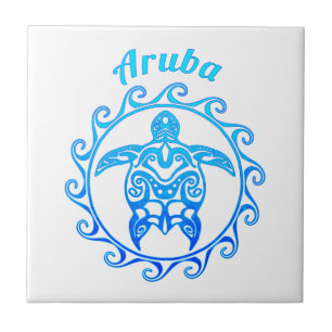 Ocean Blue Tribal Turtle Aruba Tile