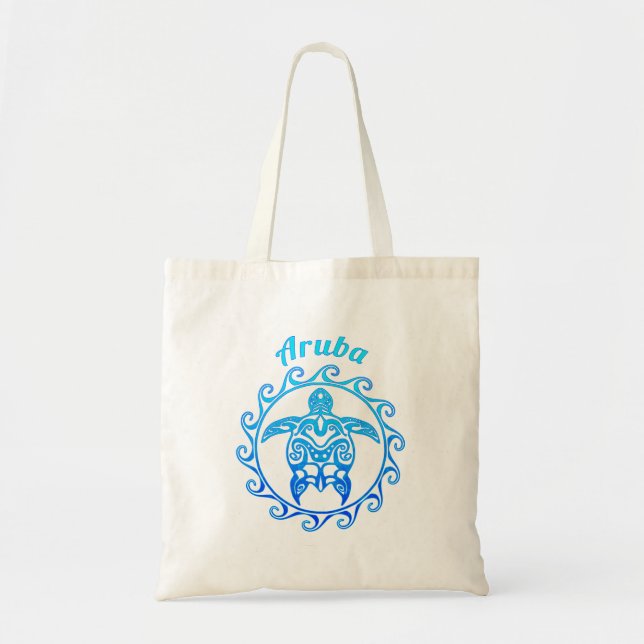 Ocean Blue Tribal Turtle Aruba Tote Bag (Front)