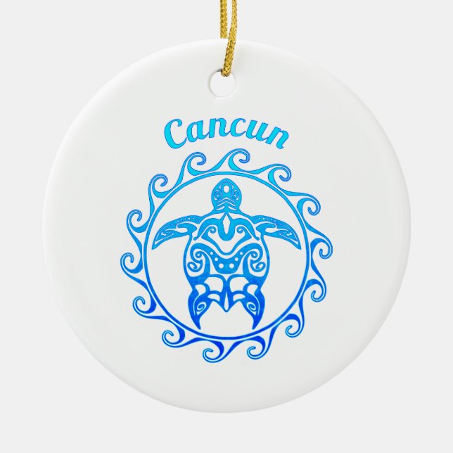 Ocean Blue Tribal Turtle Cancun Ceramic Tree Decoration (Front)