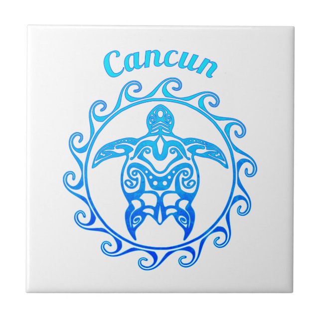 Ocean Blue Tribal Turtle Cancun Tile (Front)