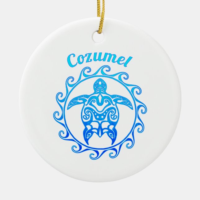 Ocean Blue Tribal Turtle Cozumel Ceramic Tree Decoration (Front)
