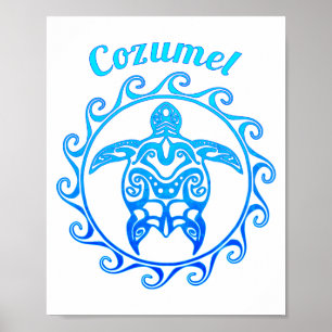 Ocean Blue Tribal Turtle Cozumel Poster