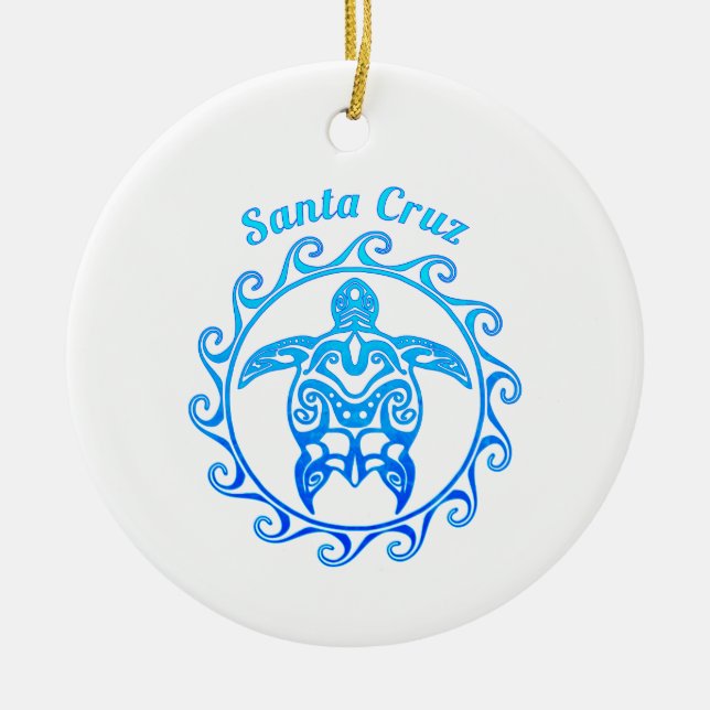 Ocean Blue Tribal Turtle Santa Cruz Ceramic Tree Decoration (Front)
