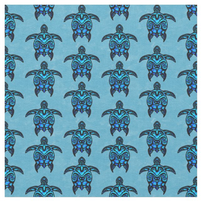 Ocean Blue Tribal Turtles Fabric (Close Up)
