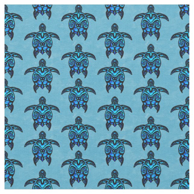 Ocean Blue Tribal Turtles Fabric (Close Up)