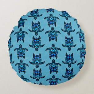 Ocean Blue Tribal Turtles Round Cushion