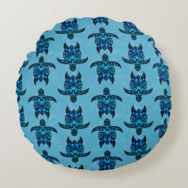 Ocean Blue Tribal Turtles Round Cushion (Front)