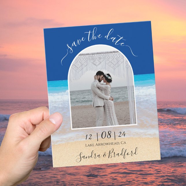 Ocean Blue Tropical Beach Photo Arch Save the Date Thank You Card (Creator Uploaded)