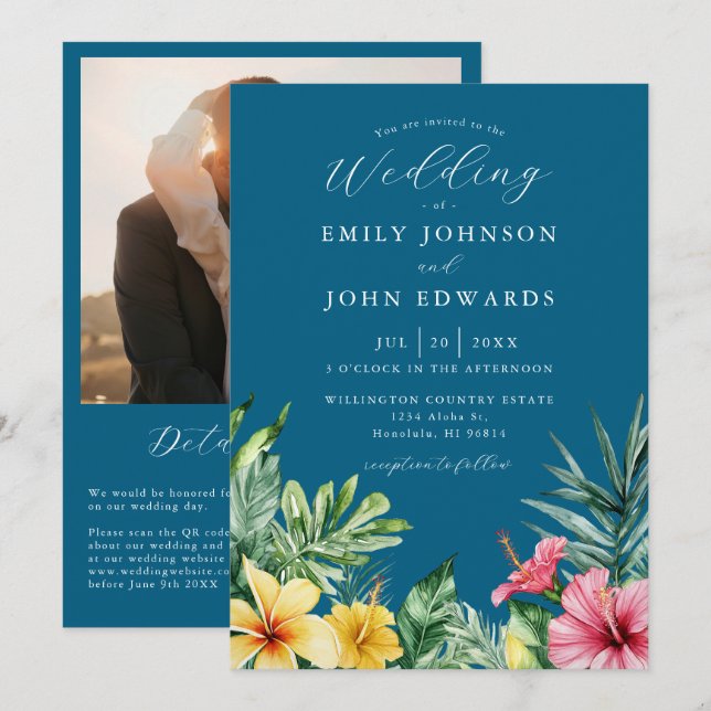 Ocean Blue Tropical Flowers Photo QR Code Wedding Invitation (Front/Back)
