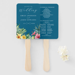 Ocean Blue Tropical Flowers Wedding Program Hand Fan