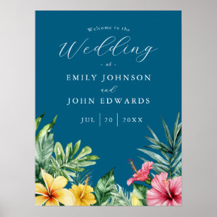 Ocean Blue Tropical Flowers Wedding Welcome Sign