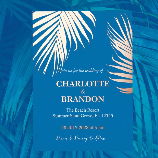 Ocean Blue Tropical Palm Leaf Wedding Gold  (Creator Uploaded)