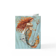 Ocean Blue Vintage Mermaid Folded Note Card