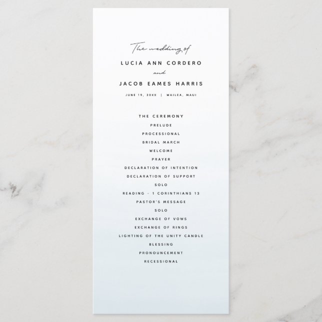 Ocean blue watercolor destination wedding programme (Front)