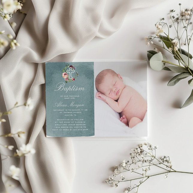 Ocean Blue Watercolor Marsala Floral Baptism Invitation (Creator Uploaded)