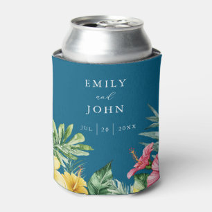 Ocean Blue Watercolor Tropical Floral Wedding Can Cooler