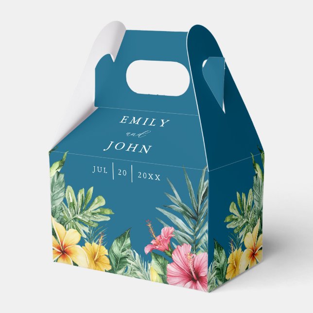 Ocean Blue Watercolor Tropical Floral Wedding Favour Box (Back Side)